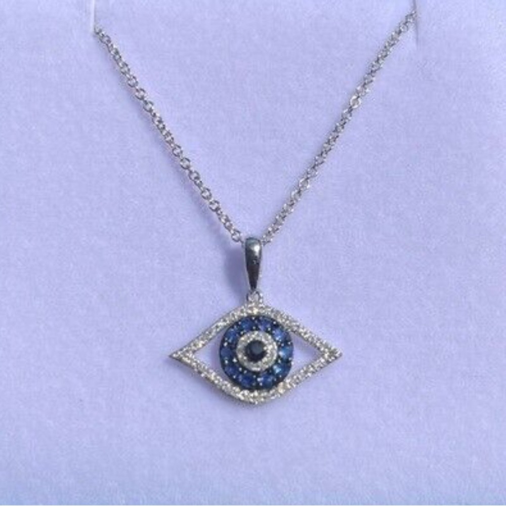Effy 14K white gold, saphire and diamond Evil Eye Necklace